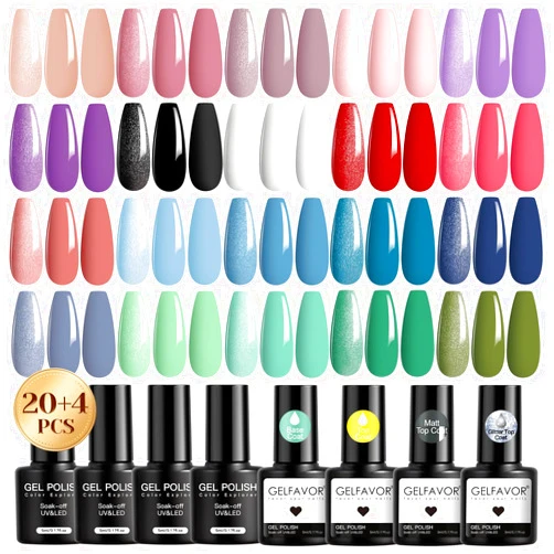 Gelfavor 20 PCS Gel Polish with 4 PCS Base Coat Matte Glossy Glitter Top Coat Soak Off Gel Nail Polish Collection for All Seasons