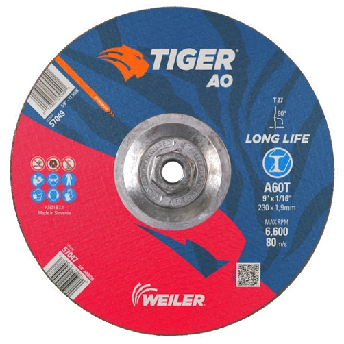 Weiler 57049 9 Inch Cutting Wheel, Tiger AO Steel/Metal Long Life Performance Cutting, 1/16