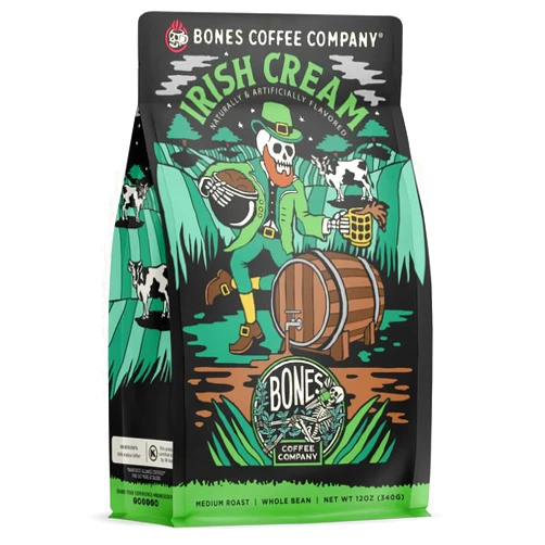 Bones Coffee Company Irish Cream Whole Coffee Beans Nutty Flavor, Low Acid Flavored Coffee, Made with Arabica Coffee Beans, Medium Roast Gourmet Coffee, Coffee Lover Gift Ideas (12 oz)