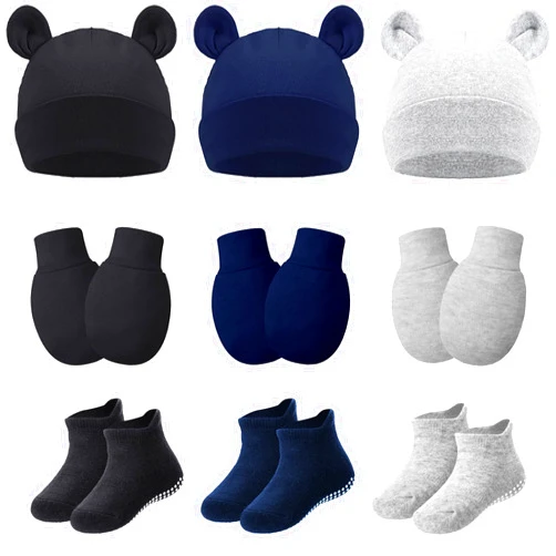 Geyoga 9 Pieces Newborn Baby Hat Mittens Sock Set Bear Ears Hat Mittens No Scratch Gloves for 0-12 Months Boy Girl