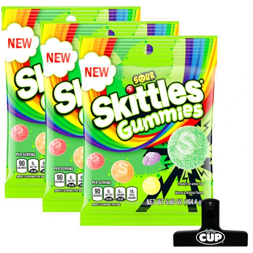 By The Cup Skittles Sour Gummies Peg Bags, 5.8 Ounce (Pack of 3) with By The Cup Bag Clip