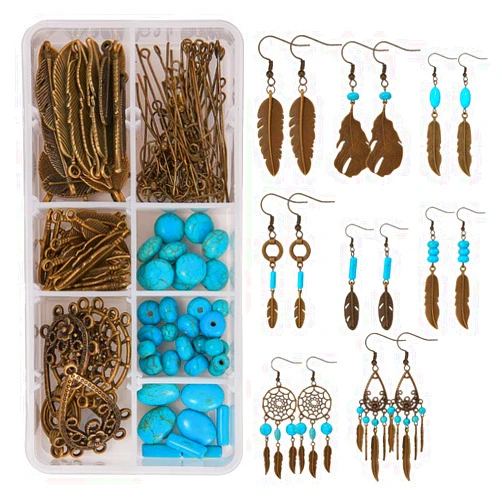 SUNNYCLUE 1 Box DIY 8 Pairs Bohemian Feather Dream Catcher Earring Making Kit Antique Bronze Feather Charm Connector, Turquoise Gemstone Beads, Earring Hooks Jewelry Supplies Beginners, Instruction