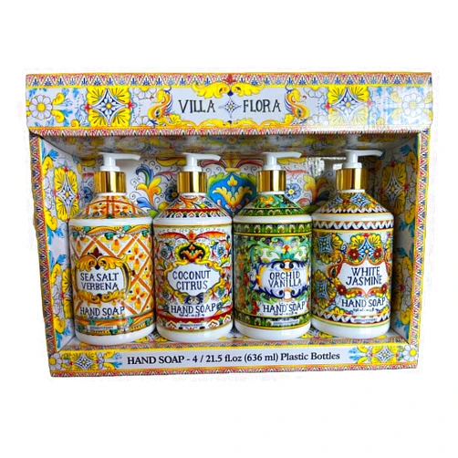 Home and Body Company Hand Soap Villa Flora Collection 16 FL/473ml Bottles infused with Essential Oils (SET OF 4) Sea Salt Verbena, Coconut Citrus, Orchid Vanilla, and White Jasmine
