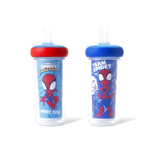 The First Years Spidey and His Amazing Friends Insulated Straw Cups - Toddler Cups with Straws and DropGuard Protection - Kids Water Bottles - 9 Oz - 2 Count - Ages 18 Months and Up
