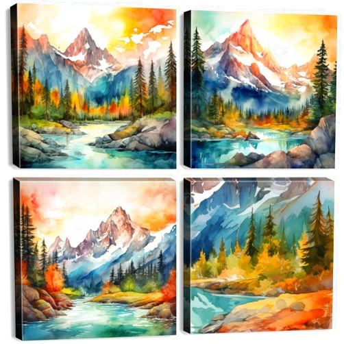 Generic Forest Canvas Wall Art Watercolor Sunset Mountain Pictures Wall Decor for Bathroom Living Room Abstract Lake Scenery Posters Prints Nature Landscape Paintings Artwork Home Decorations 12x12” 4Pcs