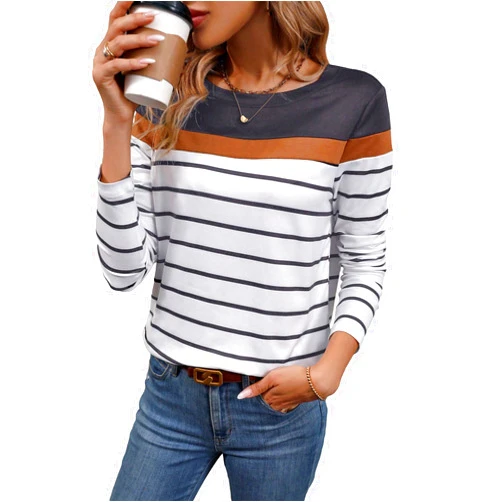 SweatyRocks Women's Striped Print Long Sleeve Round Neck Tee Top Colorblock Soft Knit T Shirt