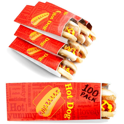 Stock Your Home Hot Dog Wrappers Foil Laminated Paper (100 Pack) Grease Resistant Red Hot Dog Sleeves Foil, Bulk Hot Dog Bags for Carnival Themed Party, Food Cart, Concession Stand