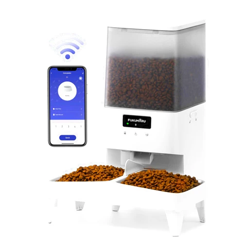 FUKUMARU Automatic Cat Feeder, WiFi Automatic Dog Feeder with Freshness Preservation, 5L Timed Cat Food Dispenser with Elevated Bowls, Up to 10 Meals Per Day, Granary Pet Feeder for Cats/Dogs