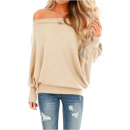 Lacozy Women's Off The Shoulder Tops Waffle Knit Oversized Sweatshirt Long Sleeve Tunic Shirts Pullover Sweaters