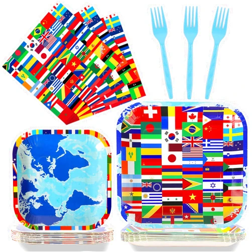 gisgfim 96 Pcs International World Flags Plates and Napkins Party Supplies Travel Trip Around the Globe Tableware Set Retirement Party Decorations Favors for Birthday Baby Shower Serves 24