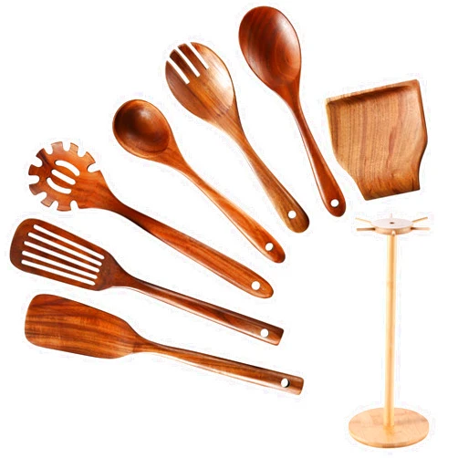 NAYAHOSE Wooden Spoons for Cooking, 8 Pcs Wooden Cooking Utensils Set for Kitchen, Natural Teak Wood Non-Stick Cooking Spoons with Bamboo Holder, Kitchen Hanging Organizer Set