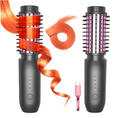 SATXTREM 2-in-1 Cordless Curling Iron & Straightener Brush,Heated Hair Styler with Needle Teeth Comb,USB-C Rechargeable,4 Temp,200M Ionic for Curls/Straightening/Smoothing (Women & Travel) (Purple)