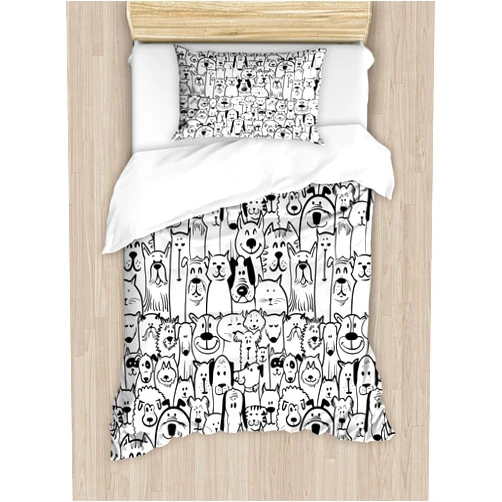 Ambesonne Pet Duvet Cover Set, Group of Dogs and Cats Animals Fun Happy Beings Cartoon Inspired Design, Decorative 2 Piece Bedding Set with 1 Pillow Sham, Twin Size, Black White