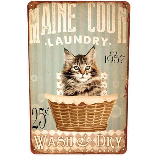 QKIODS Metal Sign Maine Coon Cat Laundry Sign Retro Metal Sign for Home Garden Coffee Wall Decor 8×12 Inch