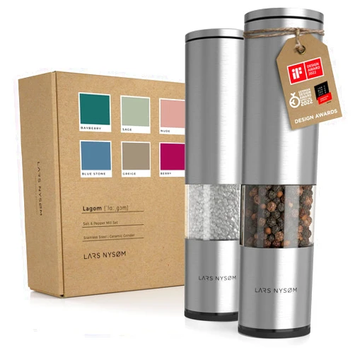LARS NYSØM Salt and Pepper Mills Set Stainless Steel with Adjustable Ceramic Grinder 2 pieces I Design Spice Mills Set Manual (Stainless Steel)