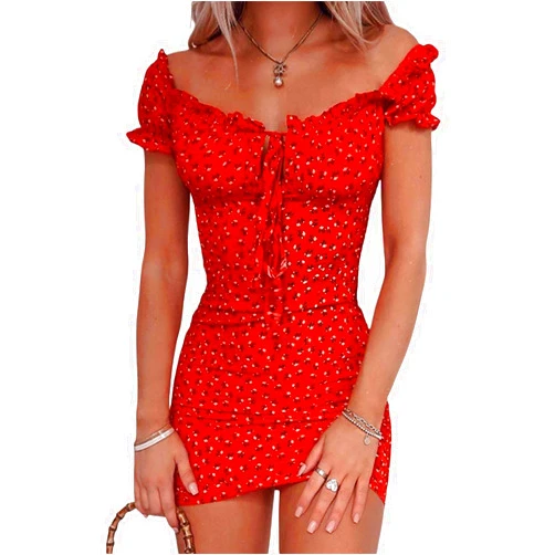 Shaopan66 QULSE Women Floral Mini Dress Ruffle Short Sleeve Tie Front Bodycon Dress Sexy Wrap Pencil Dress for Party Club (as1, Alpha, m, Regular, Regular, Red)