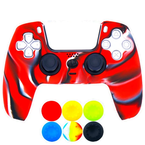9CDeer 1 Piece of Silicone Protective Thick Cover Skin + 6 Thumb Grips for PlayStation 5 / PS5 Controller Camouflage Red