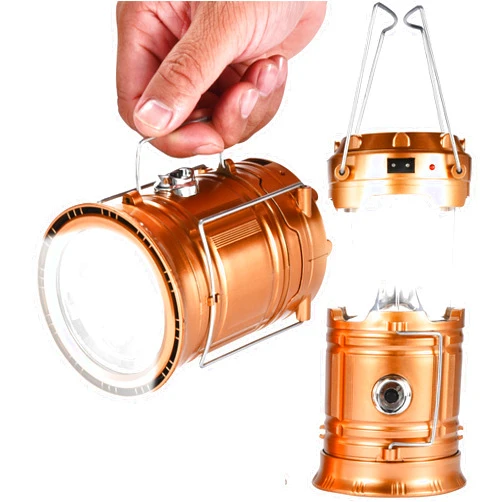 Wild Wolf Outfitters Solar Camping Lights - Rechargeable LED Lantern & Flashlight - Stainless Steel Handle - Portable & Collapsible - Ideal for Camping, Hiking, Emergencies - Gold