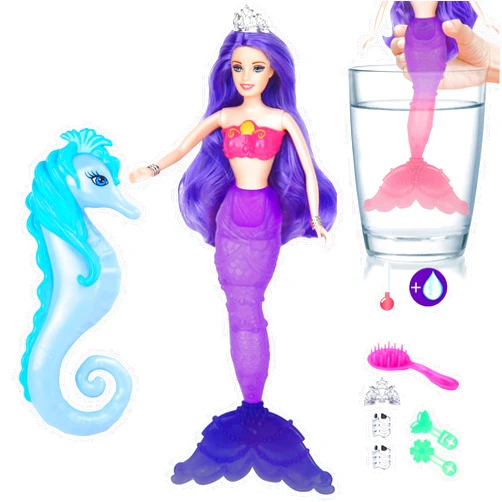 BETTINA Magical Color Changing Mermaid Doll, Princess Mermaid Toy with Seahorse & Dolls Accessories - Vibrant Purple Hair and Transforming Tail, Mermaid Gifts Toys for Girls Aged 3-7