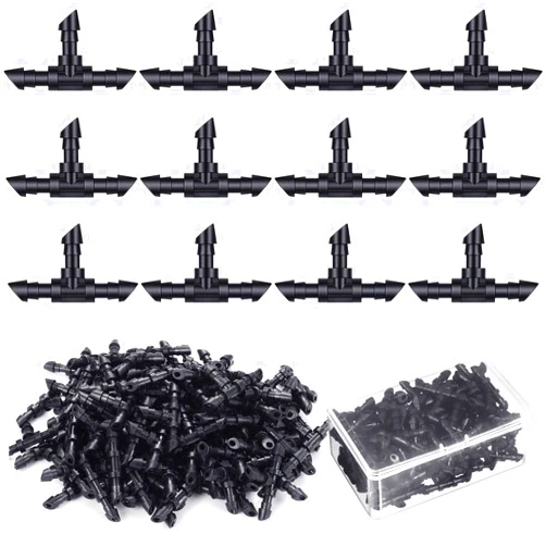 Zonon 100 Pieces Barbed Connectors Drip Irrigation 1/4 Inch Universal Barbed Tee Fittings Barbed Connectors for Garden Lawn Drip or Sprinkler Systems, Black