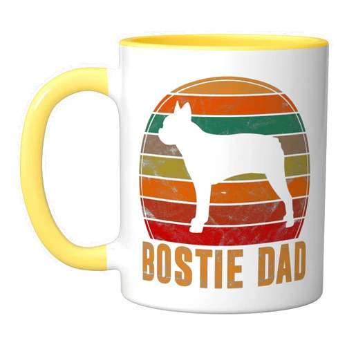 Vintage Boston Terrier Dad Gifts Pet Lover Clothes Retro Boston Terrier Dad Gift Dog Owner Pet Bostie Father Ceramic Mug, Yellow/White