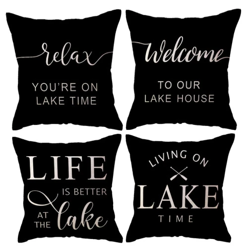 ULOVE LOVE YOURSELF Lake Welcome Throw Cushion Covers Relax You’re on Lake Time Pillow Covers Summer Lake House Decorative Pillowcase 18 x 18 Inch 4Pack For Lake Lovers Friends Gift,Lake Housewarming Gift (Black)