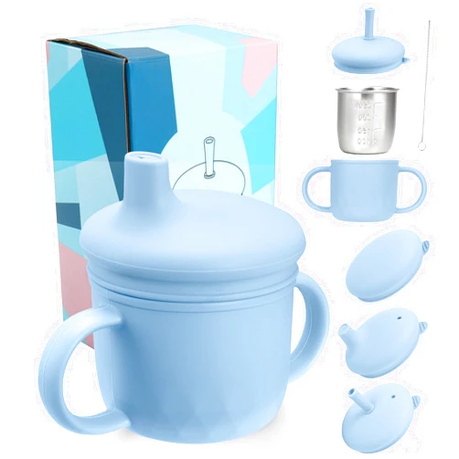 Mity rain 3-In-1 Stainless Steel Sippy Cup for 6+ Month Old, Baby Straw Cups for Toddlers 1-3 with Travel Lid, Silicone Straw, Replacement Straw & Cleaning Brush - 8oz Toddler Cups Spill Proof Set