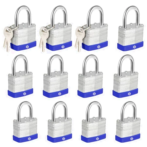 HOX Locks 12-Pack Keyed-Alike Padlocks w/ 1.2” Shackle, 1-9/16” Wide Body, Hardened Steel Case Shackle Padlock, Brass Cylinder - for Hasp Latch, Sheds, Fences, Storage Locker