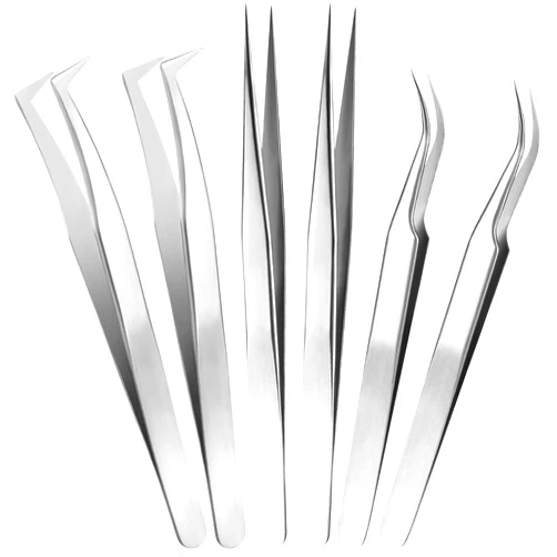 Mudder 6 Pcs Tweezers for Eyelash Extensions, Straight and Curved Stainless Steel, Individual Volume, Isolation Tweezers (Silver)