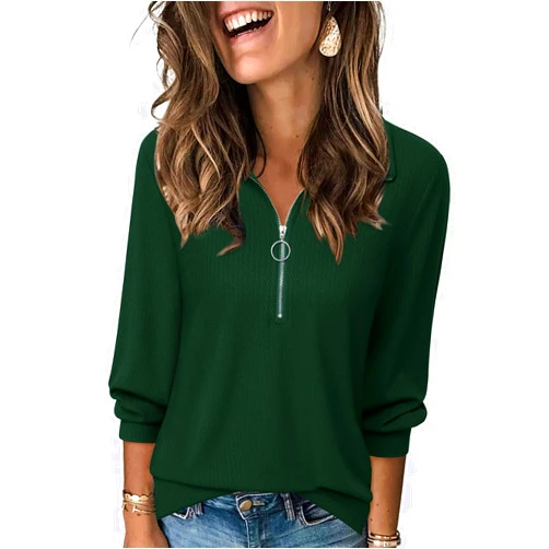 Vivilli Womens Tops Dressy Casual Summer Fall Outfts 3/4 Length Sleeve V Neck Shirts Work Blouses Zipper Collar Polo Shirts