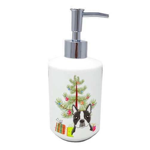 Caroline's Treasures BB1575SOAP Christmas Tree and Boston Terrier Ceramic Soap Dispenser Hand Soap Dispenser Pump Bottles for Bathroom Kitchen, Empty Refillable Liquid Soap Container