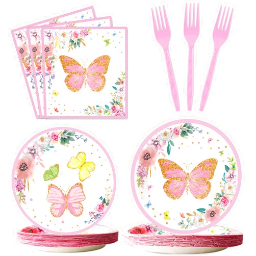 Gisgfim Butterfly Party Supplies Tableware Set for 24 Guests Butterfly Spring Floral Birthday Party Paper Plates Napkins Decorations for Kids Boys Girls Baby Shower