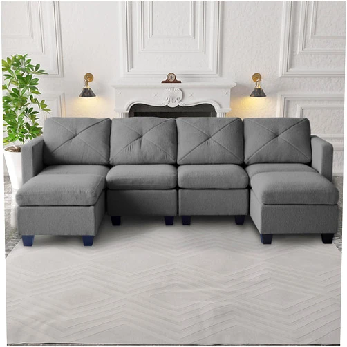 Divano Roma Furniture Modern Chenille Fabric U-Shaped 6 Seat Sectional Sleeper Couch with Reversible Chaise Modular Sofa with Storage, Large, Dark Grey