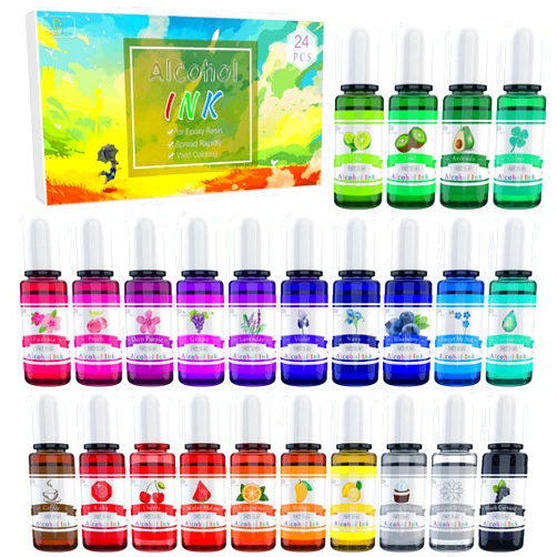 DecorRom Alcohol Ink Set - 24 Vibrant Colors Alcohol-based Ink for Resin Petri Dish Making, Epoxy Resin Painting - Concentrated Alcohol Paint Color Dye for Resin Art, Tumbler Making, Painting - 24 x 10ml/.35oz