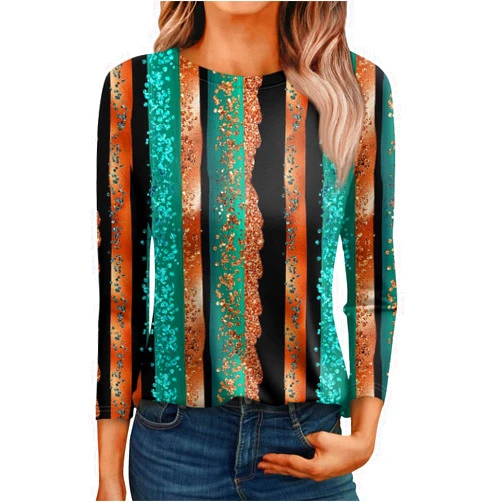 Generic Women 3/4 Sleeve Tops Shirts Trendy Casual Crewneck Work Printed Blouse Tshirts Ladie's Fall Tunic Tops