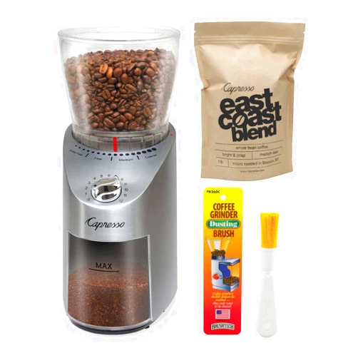 Capresso 575.05 Infinity Plus Conical Burr Grinder, Stainless Steel Bundle East Coast Blend Coffee Beans and Coffee Grinder Dusting Brush (3 Items)