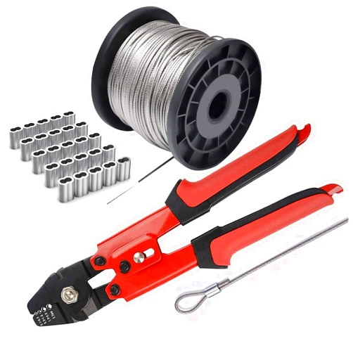 AOOCY Wire Rope Crimping Tool Kit, with 1/16-304 Stainless Steel Cable 165 ft (7x7 Strand Core), 100 Cable Ferrule Aluminum Loop Sleeve Stops (165ft Rope 100 Loop, Red, 1)