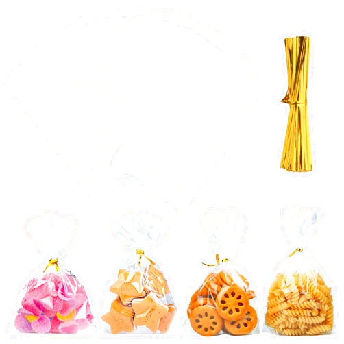 LUCKNIGHT 100Pcs Clear Cellophane Gift Bags, 13 * 21 cm (5 * 8.3 in) Plastic Sweets Treat Bags with Gold Twist Ties, Reusable OPP Plastic Candy Bags for Cookies Fruits Nuts Chocolates Popcorn Snacks