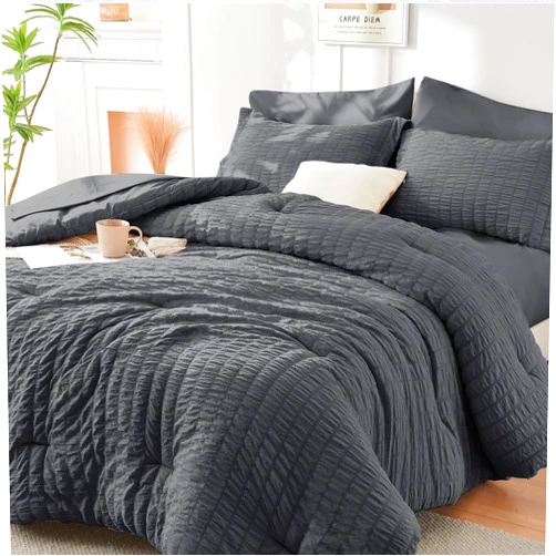 HYMOKEGE Queen Comforter Set Seersucker 7 Pieces, All Season Luxury Bed in a Bag for Bedroom, Bedding Set with Comforters, Sheets, Pillowcases & Shams, Dark Grey