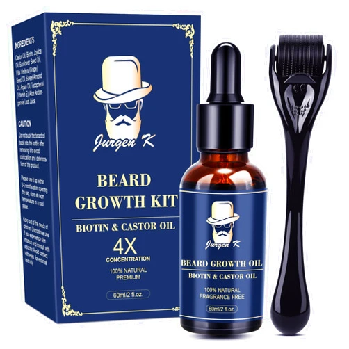 Jurgen K Beard Growth Kit, Beard Growth Oil (2Oz) w/Biotin & Castor Oil, Beard Massager for Patchy/Spot Beard, Beard Kit for Men's Grooming, Dad Day Gifts Fathers Day, Birthday Gifts for Him Boyfriend Husband