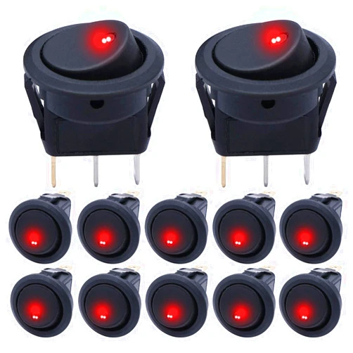 mxuteuk 12pcs 12V Lighted Round Rocker Switch Toggle Switch Red LED SPST On-Off Switch 20A for Car Truck Control KCD2-102N-R