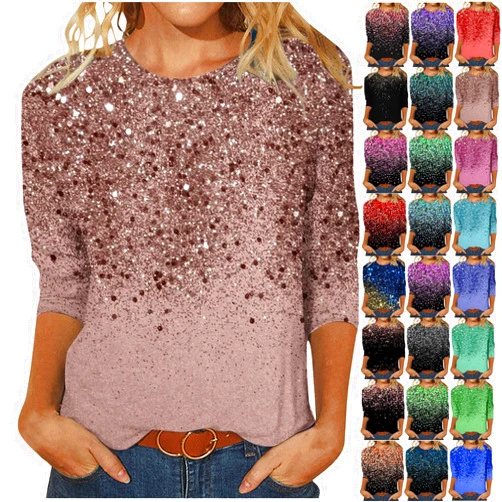 FAIOROI Womens Tops Dressy Casual 3/4 Sleeve Round Neck Shirt Funny False Sequin Print Loose Blouse Spring Summer Fashion Top