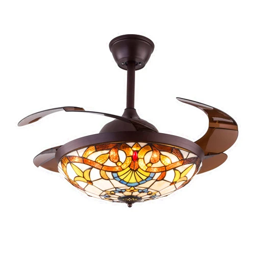 LOYALHEARTDY Tiffany Ceiling Fan with Lights and Remote, 42-in Reversible & Retractable Tiffany Chandeliers Fan Lights, 3 Speeds & 3 LED Lighting & 4 Hours Timer Function, Mediterranean Style