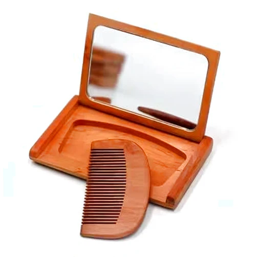 ICOMPY Portable Lady Momo Wooden Comb Set with Wooden Folding Hand Mirror Comb for Easy Carrying Makeup Mirror