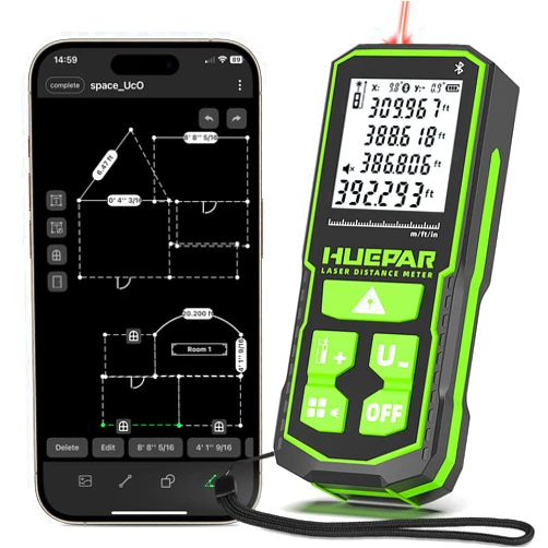 Huepar Laser Distance Measure 395Ft. Digital Rechargeable Laser Measuring Tool with Bluetooth -Phone APP, 1/16in Accuracy, Angle Sensor, M/in/Ft Unit, Pythagorean Mode, Measure Distance, Area, Volume