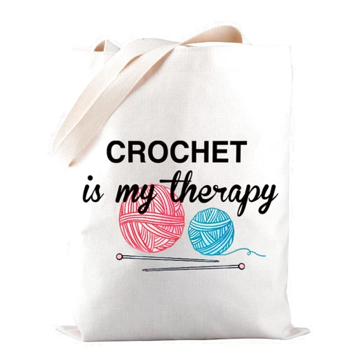 PWHAOO Knitting Project Bag Crochet Is My Therapy Knitting Humor Gift Yarn Bag Knitting Tote Bag Mothers Day Gift