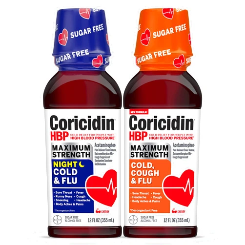 Coricidin HBP Maximum Strength Cold & Flu Day & Night Sugar-Free Liquid Twinpack, Decongestant-Free Cold Medicine for Adults with High Blood Pressure - 24 Fluid Ounces New