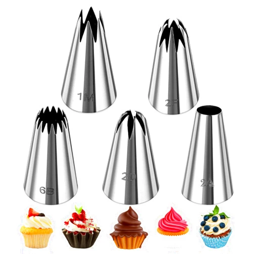 Giantree 5 Pcs Large Piping Tips Set, Stainless Steel Cake Piping Kit Cake Piping Nozzles Tips for Decoration DIY Icing Tool 1M 6B 2A 2D 2F Baking Tools Decorating Tips for Cream Cupcake Cookie Decor