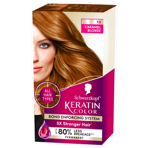 Schwarzkopf Keratin Color Permanent Hair Color, 7.5 Caramel Blonde, 1 Application Professionally Inspired Permanent Hair Dye for up to 80% Less Breakage vs Untreated Hair and up to 100% Gray Coverage