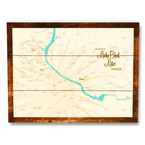 Northwest Art Mall Lady Bird Lake Texas Map Rustic Wood Art Print from Illustration by Lakebound 9